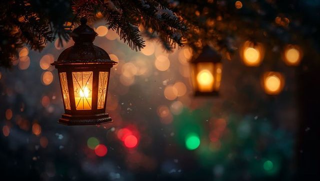 Hanging vintage lantern glowing from snow-dusted evergreen branch with warm bokeh lights
