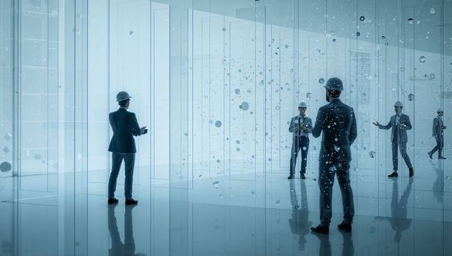 Engineers inspecting futuristic glass atrium with digital particle overlays and reflections