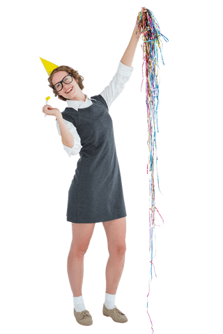 Transparent happy woman with party hat and confetti streamer