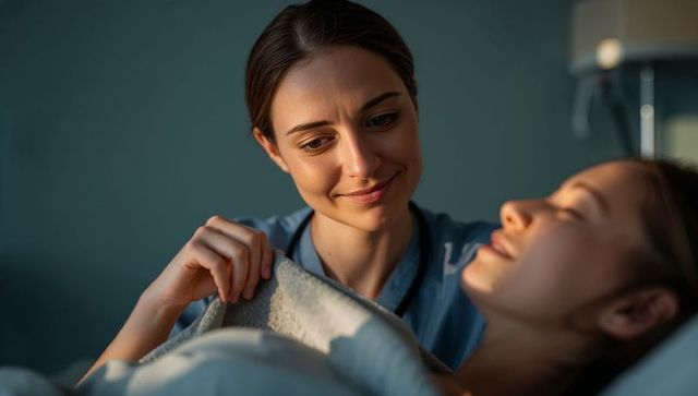Night nurse tucking blanket for patient at bedside providing gentle compassionate care