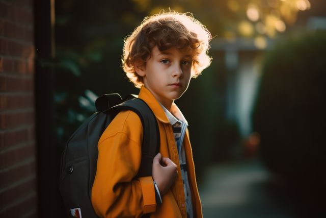 Portrait of caucasian schoolboy in sunny street, created using generative ai technology. Back to school, learning and education concept digitally generated image.