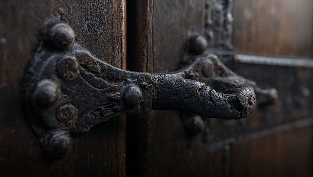 Close-up showing rusted iron latch and vintage wooden door handle with flaking paint