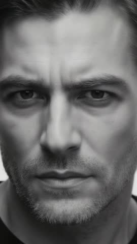 Vertical studio close-up of man tilting chin and drawing brows while holding intense gaze