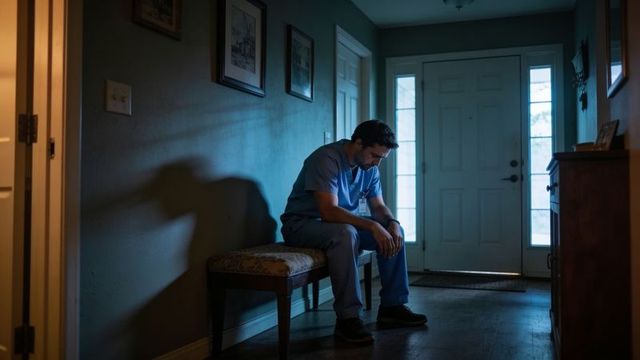 Male nurse sitting on bench leaning forward wearing badge after long night shift