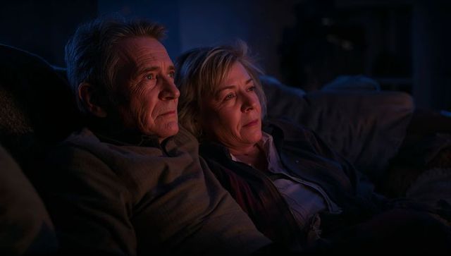 Senior Couple Relaxing on Sofa at Night Wrapped in Blanket Warm Intimate Evening Moment