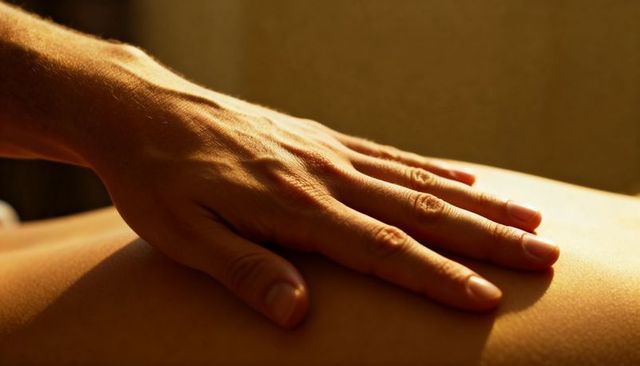 Warm therapeutic hand resting on bare back during soothing spa massage with golden light