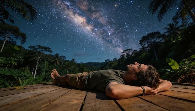 Young man stargazing on wooden deck under milky way over tropical rainforest night sky