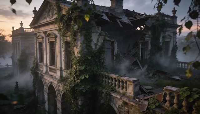 Crumbling neoclassical mansion reclaiming grounds with ivy and fog at dawn