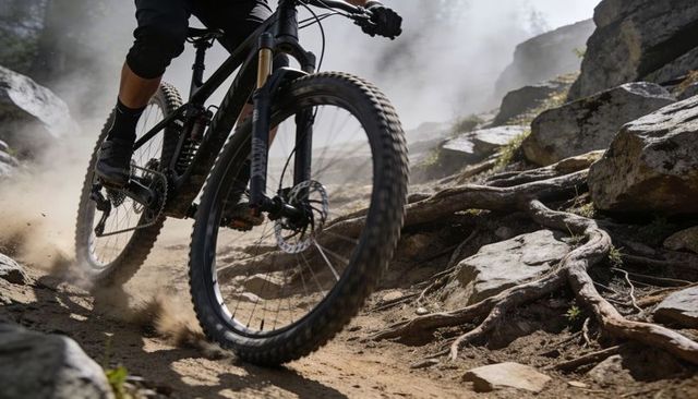 Mountain biker charging down rocky singletrack trail kicking up dust with front suspension
