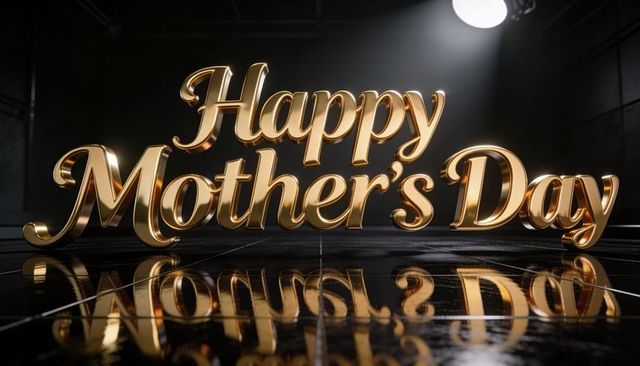 Golden 3d happy mother's day script reflecting on glossy black floor under spotlight