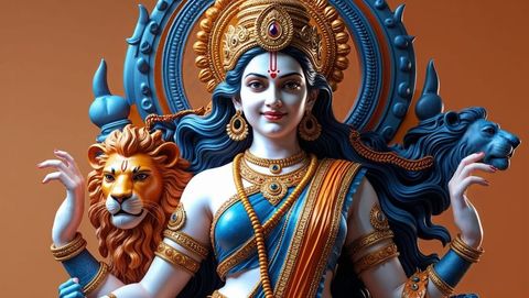 Sculpture of Hindu Goddess with Regal Lion Heads