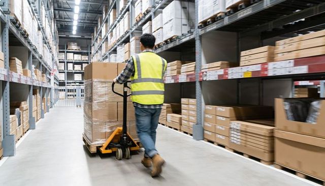 Pushing pallet jack through warehouse aisle wearing high-visibility safety vest