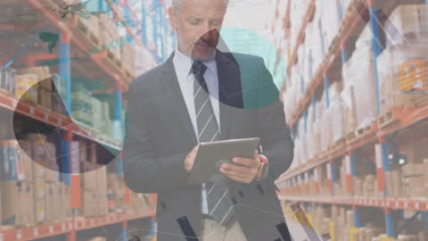 Businessman Analyzing Data in Warehouse with Technology Overlay
