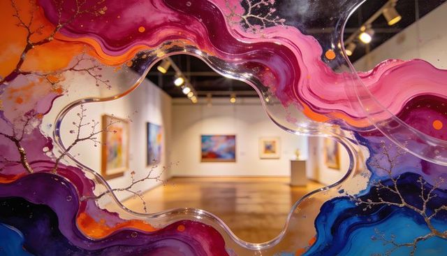 Colorful resin sculpture framing modern gallery interior, revealing abstract paintings