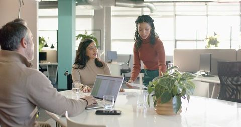 Diverse team collaborating around meeting table in bright open-plan office