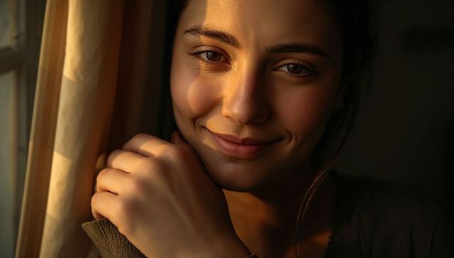 Smiling woman leaning by curtain, holding hand to chin, sunlit warm golden hour portrait