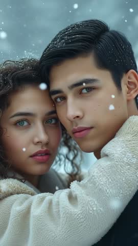 Vertical romantic winter video: Couple embracing in snow, sharing warmth and intimacy
