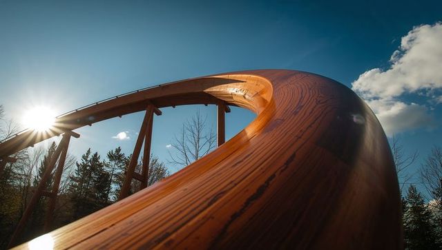 Curved wooden ramp under blue sky with sun flare