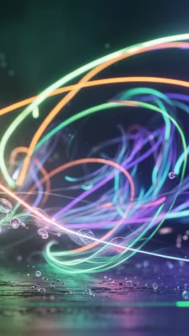 Vertical Neon Light Trails Looping Over Wet Glossy Plane with Floating Droplets, Futuristic Motion