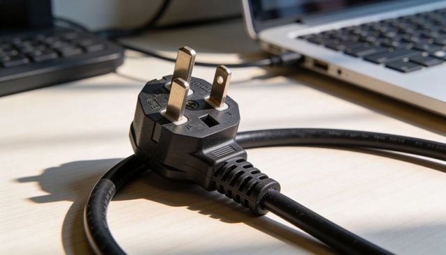 Black three-prong power plug on wood desk beside laptop cord casting warm shadow