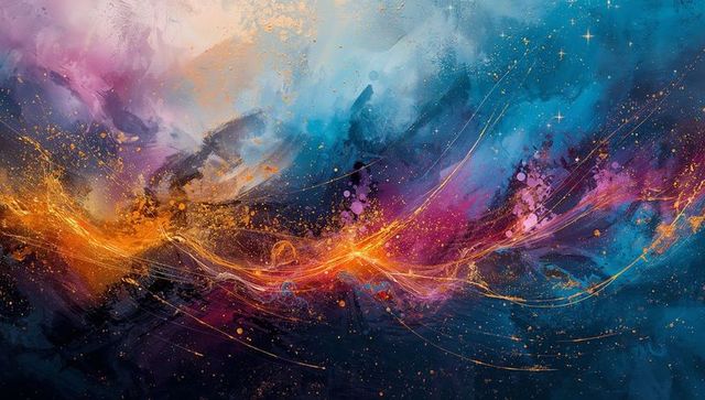 Glowing cosmic nebula with swirling orange-pink ribbon, gold splatter, painterly style