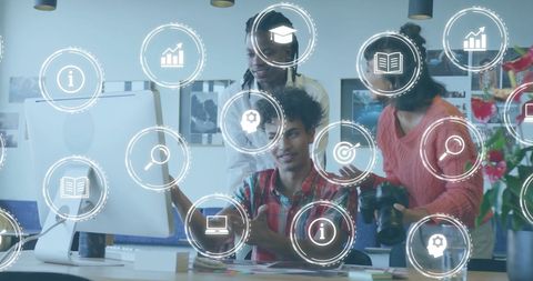 Diverse Team Collaborating with Data and Technology Icons