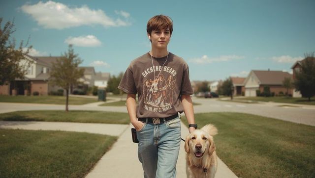 Teen Walking Pet Golden Retriever on Suburban Street