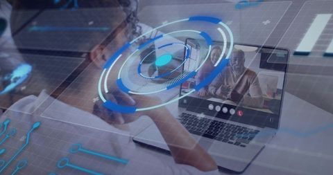 Remote team connecting via laptop with augmented reality HUD for virtual collaboration
