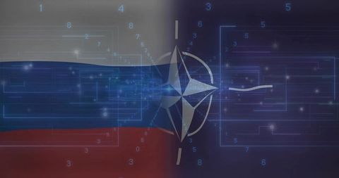 Nato compass over russian tricolor with cyber circuit overlay, digital security concept