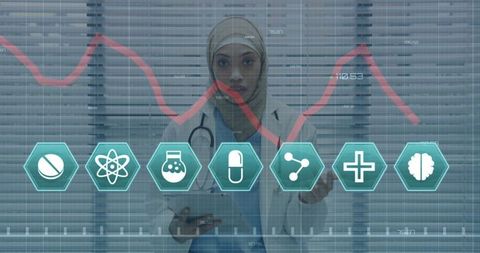 Innovative Medical Technology Interface with Female Doctor in Hijab