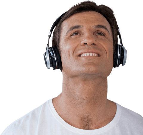Happy Man Wearing Headphones and Looking Up on Transparent Background