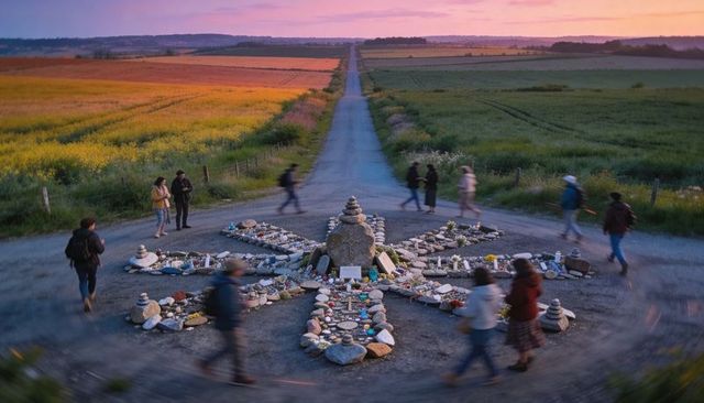 Hikers walking rural crossroads pausing at stone mandala with backpacks and offerings at sunset