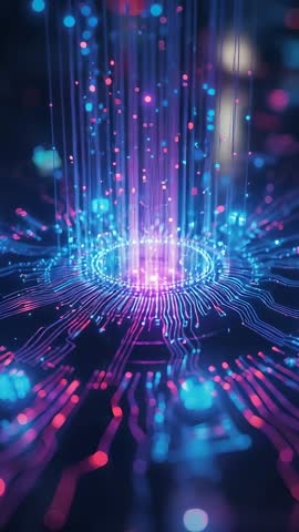 Neon data surge pulsing from central hub across glowing circuit network vertical video