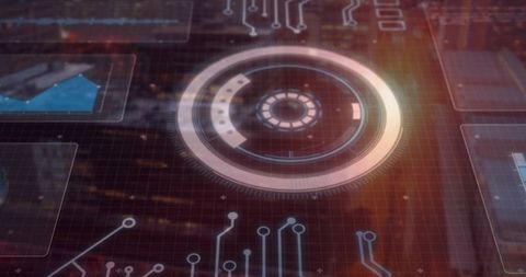 Futuristic hud interface rotating neon ring with circuit grid and urban light reflections
