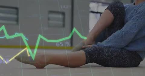 Woman Stretching Inside Gym with Graph Concepts Fading In