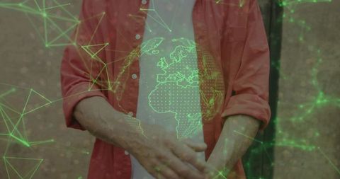 Man Reflects Advanced Tech with Holographic Green Globe