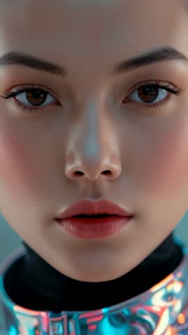 Camera Zooming Into Futuristic Model Close-Up Revealing Chrome Suit Reflection and Flawless Skin