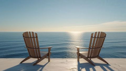 Adirondack chairs overlooking serene oceanscape at sunrise