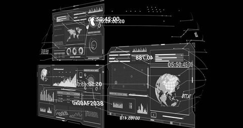 Futuristic Holographic Data Dashboard Displaying Floating HUD Panels and Pixelated Globe