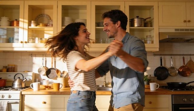 Couple dancing in sunlit rustic kitchen sharing warm embrace and laughing over coffee