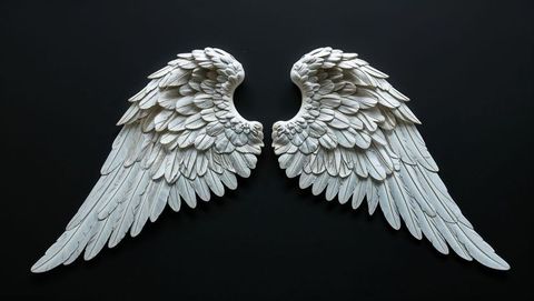 Sculpted white angel wings on black background
