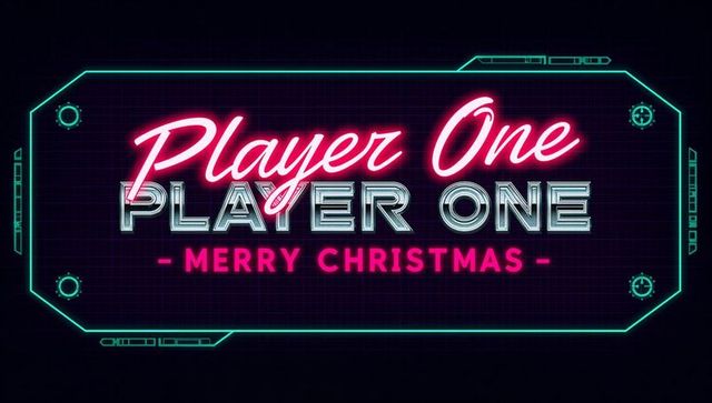 Glowing neon player one christmas sign retrofuturistic cyberpunk arcade style