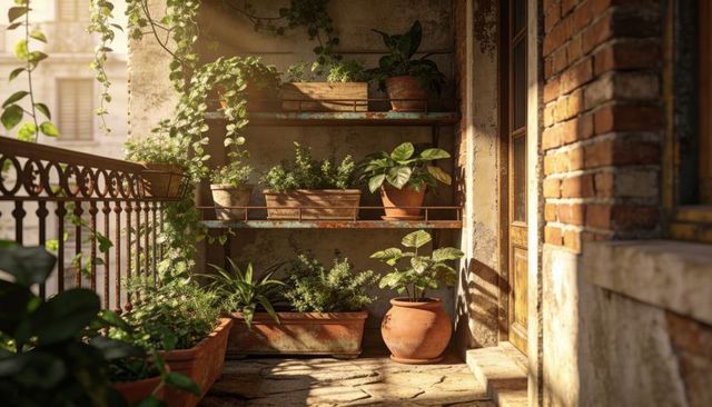 Sunlit balcony garden basking in golden light with terracotta pots and trailing vines