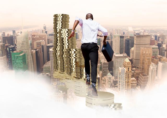 Digital composition of businessman with briefcase running on stack of coins against cityscape in background