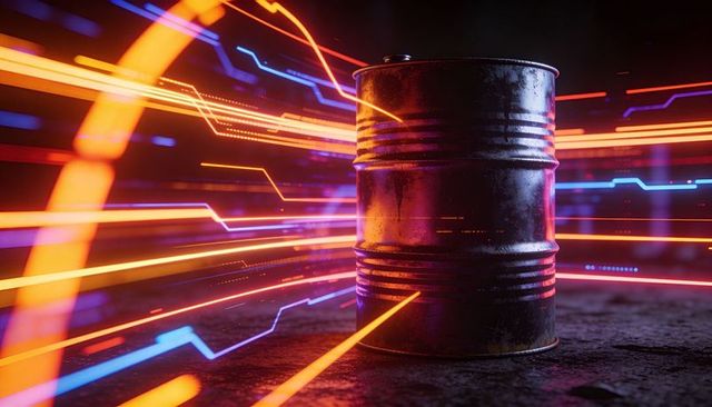 Weathered metal barrel reflecting neon light streaks in futuristic industrial cyberpunk scene