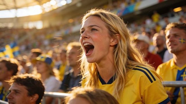 Cheering swedish fan in yellow jersey with face glitter waving flag in sunlit stadium
