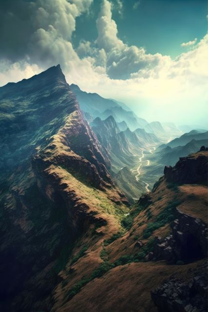 Majestic view of a mountain range with a winding river flowing through the valley below. Rugged terrain with lush greenery illuminated by sunlight, and dramatic cloud formations in the sky. Ideal for travel and adventure promotions, nature documentaries, and desktop wallpapers.