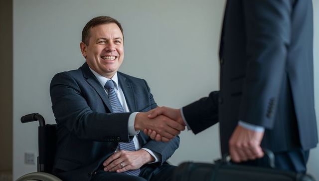Businessman in Wheelchair Shaking Hands with Colleague