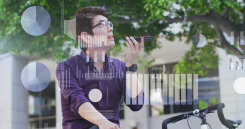 Businessman Communicates Using Smartphone with Data Overlay