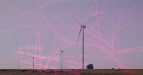 Wind Turbines Amidst Futuristic Energy Visualization